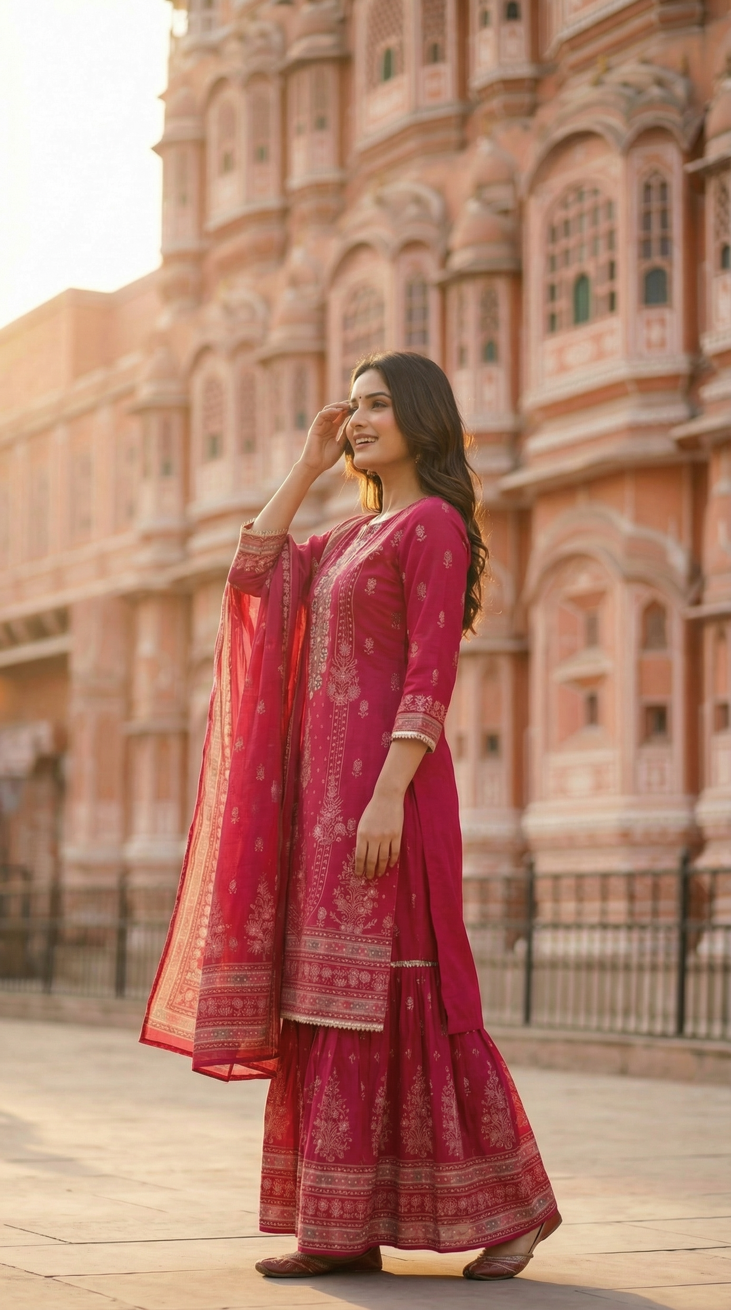 Ethnic Printed Embroidered Straight Kurta with Sharara and Dupatta - Pink