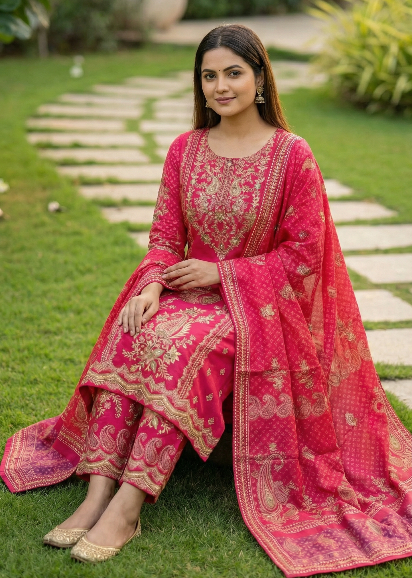 Ethnic Floral Printed Straight Kurta with Pant and Dupatta - Pink