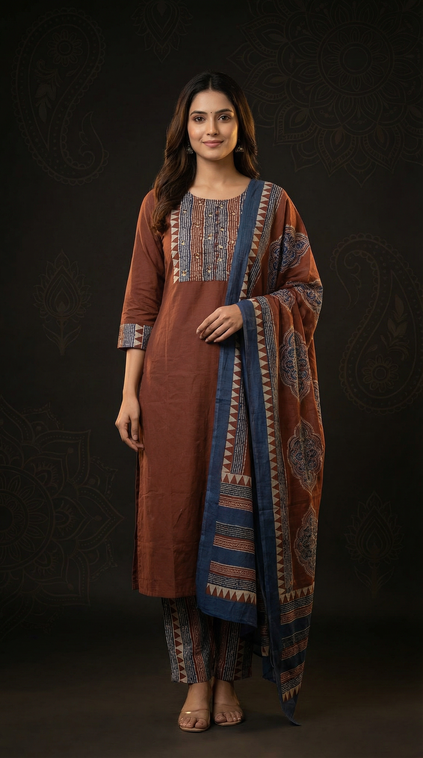 Solid Ethnic Straight Fit Kurta with Printed Pant & Cotton Dupatta - Rust