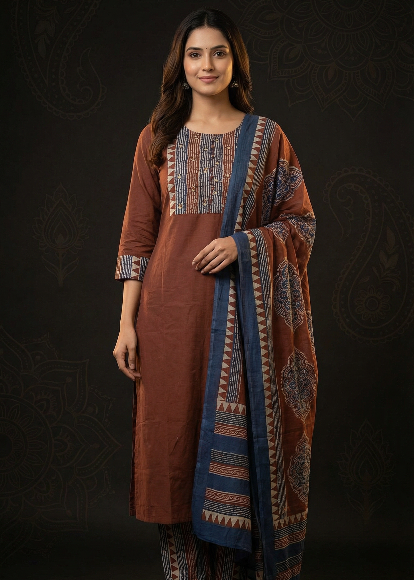 Solid Ethnic Straight Fit Kurta with Printed Pant & Cotton Dupatta - Rust