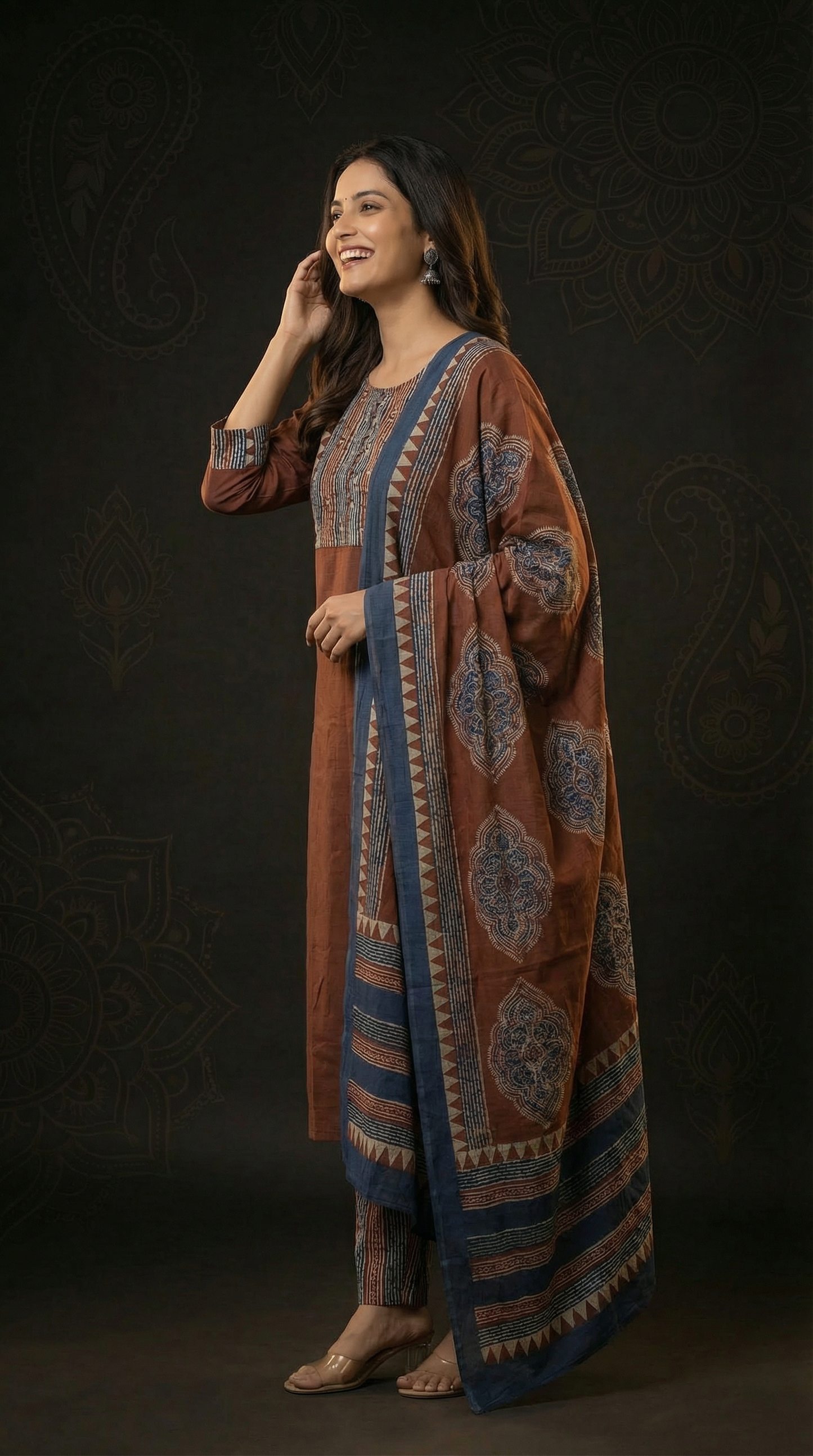 Solid Ethnic Straight Fit Kurta with Printed Pant & Cotton Dupatta - Rust