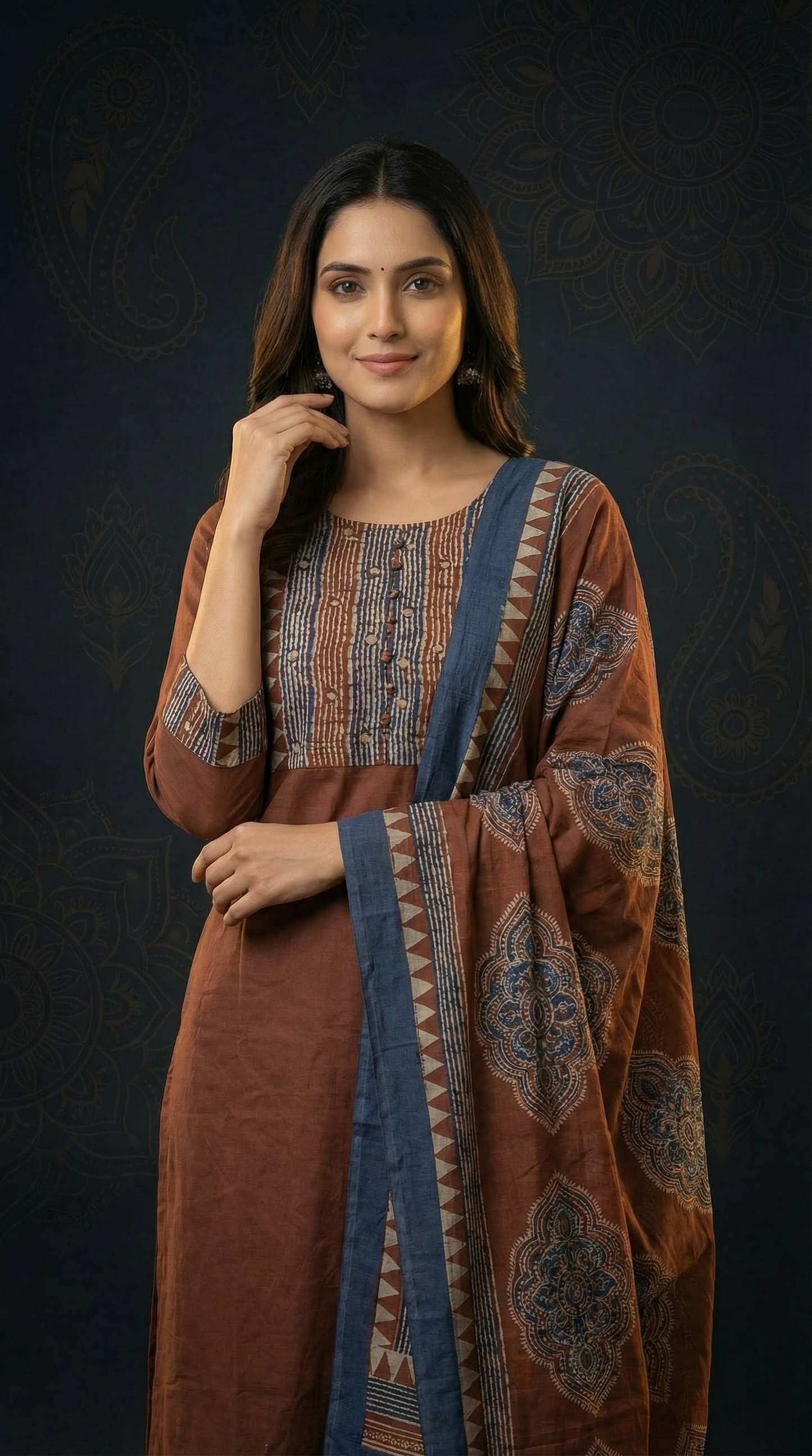 Solid Ethnic Straight Fit Kurta with Printed Pant & Cotton Dupatta - Rust