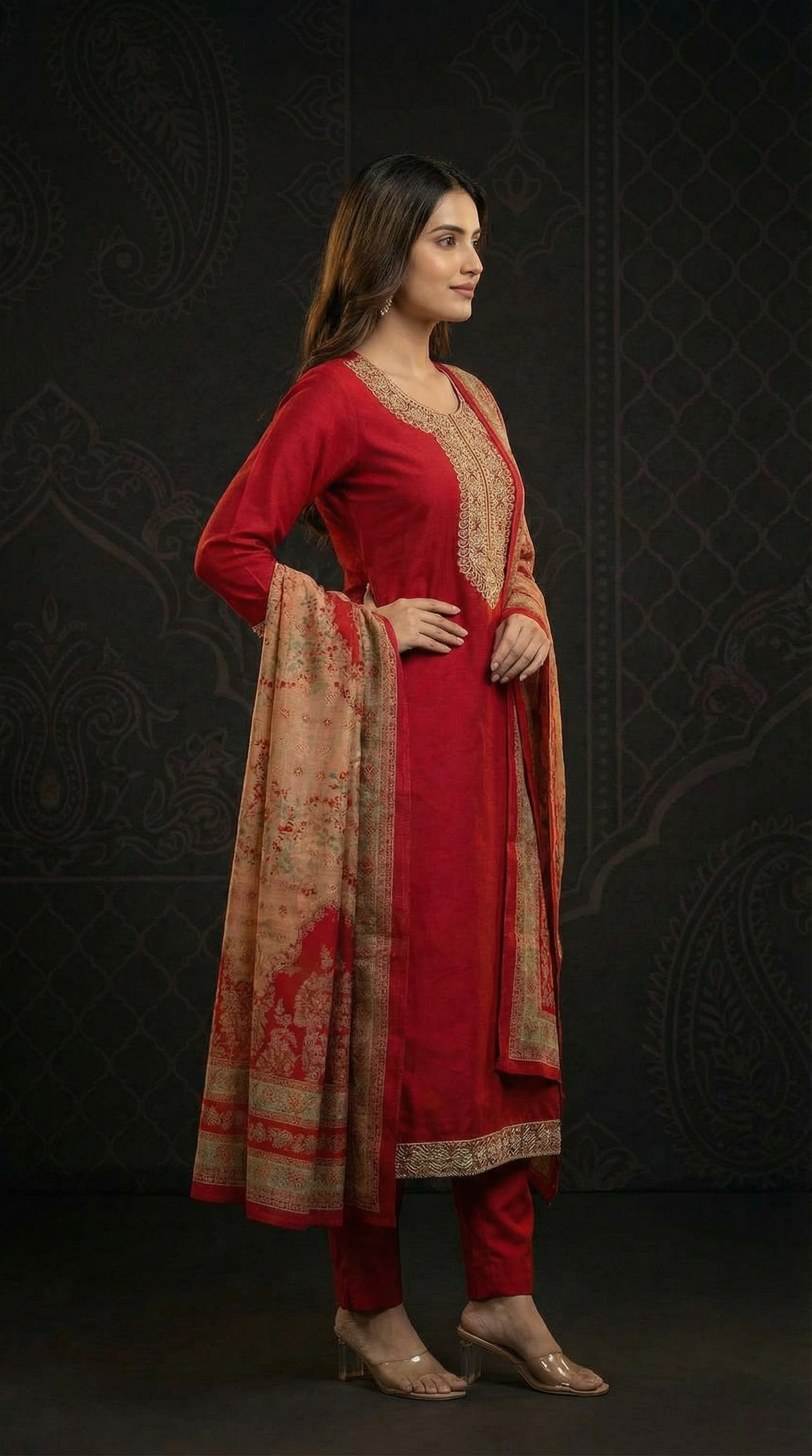 Solid Floral Embroidered Anarkali Kurta with Pant & Printed Dupatta - Maroon