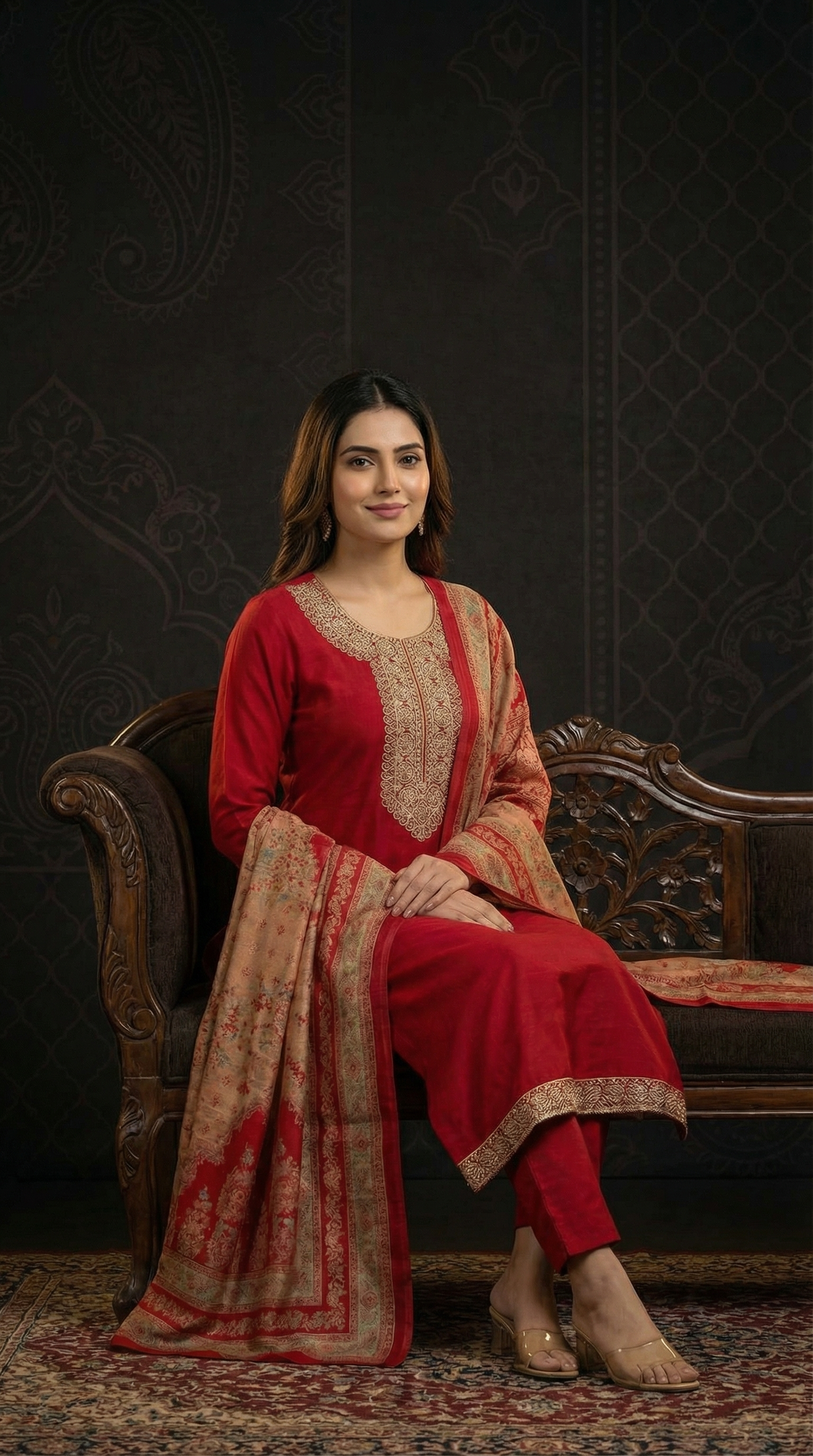 Solid Floral Embroidered Anarkali Kurta with Pant & Printed Dupatta - Maroon