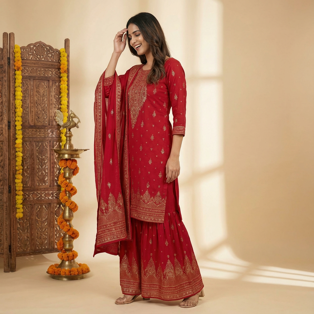 Ethnic Printed Straight Kurta with Sharara and Dupatta - Red