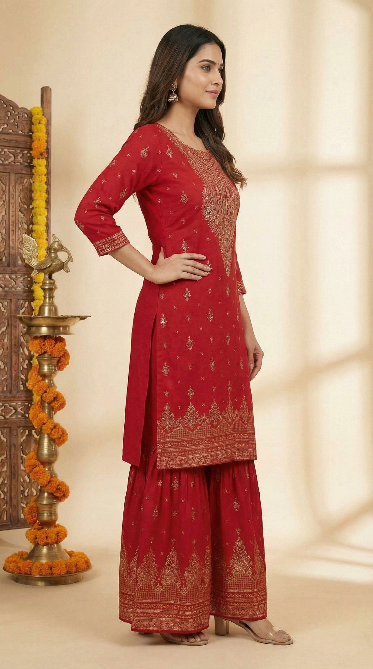 Ethnic Printed Straight Kurta with Sharara and Dupatta - Red