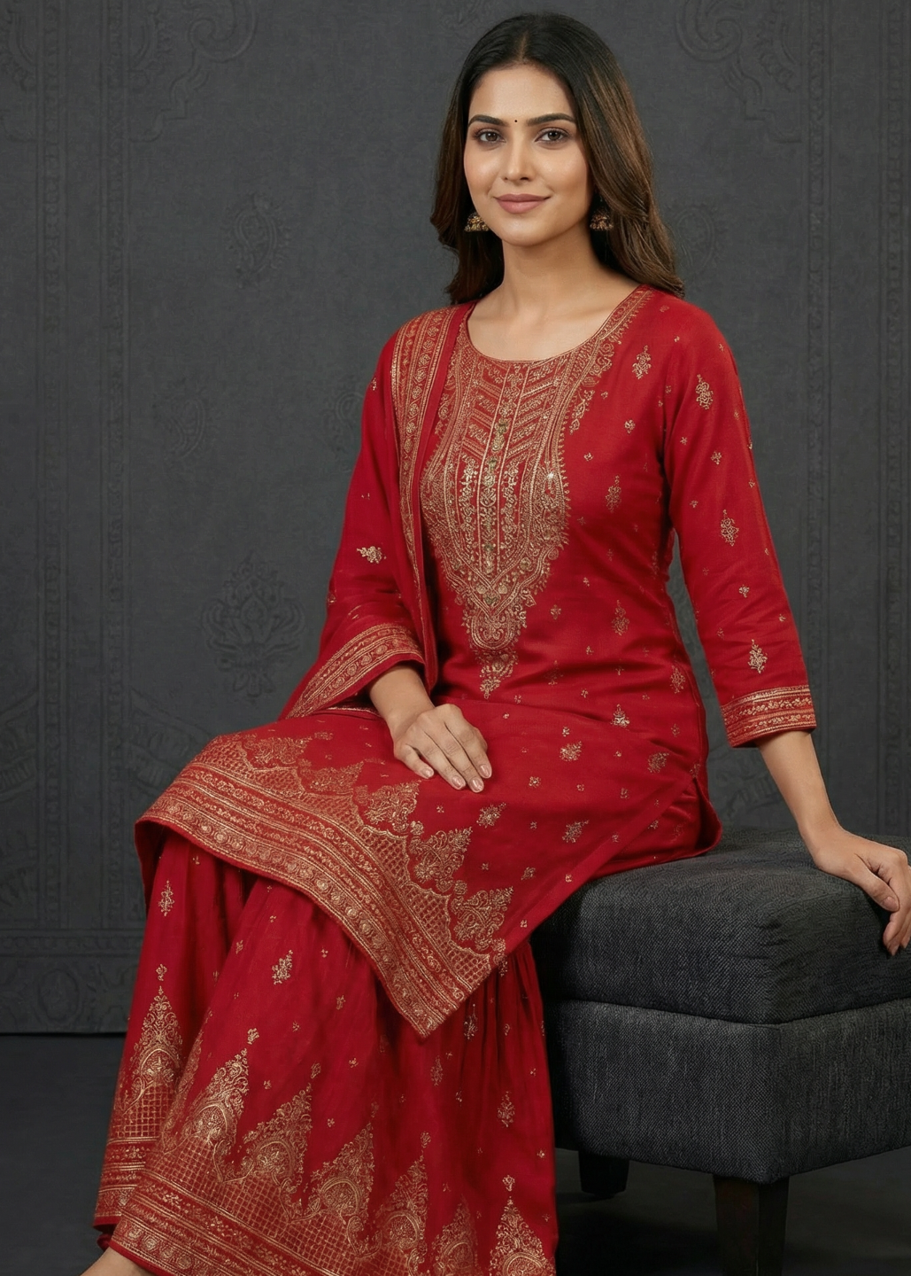 Ethnic Printed Straight Kurta with Sharara and Dupatta - Red