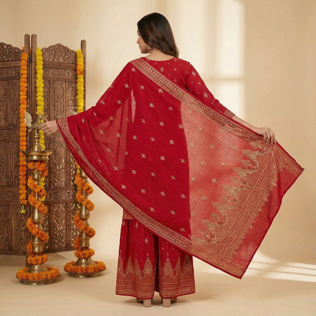 Ethnic Printed Straight Kurta with Sharara and Dupatta - Red