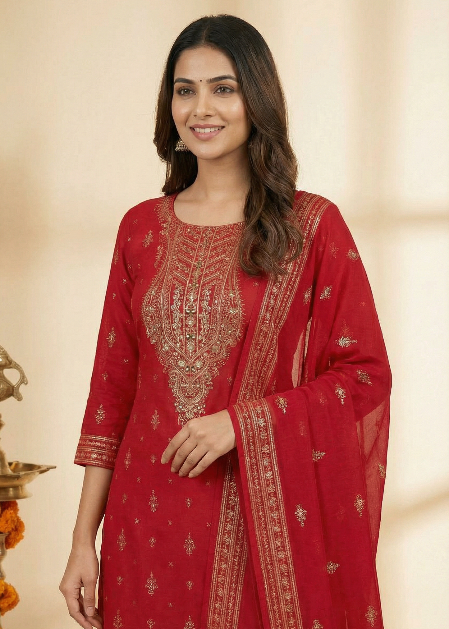 Ethnic Printed Straight Kurta with Sharara and Dupatta - Red