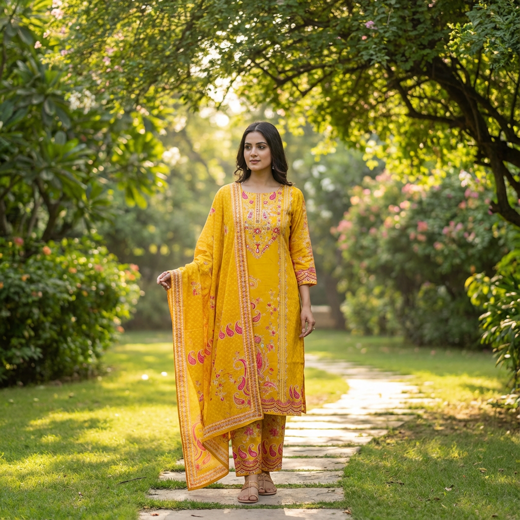 Ethnic Floral Printed Straight Kurta with Pant and Dupatta - Yellow