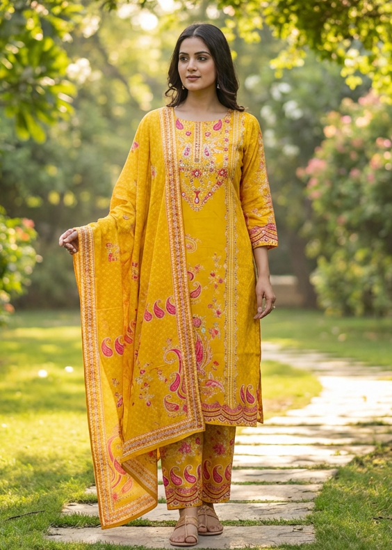 Ethnic Floral Printed Straight Kurta with Pant and Dupatta - Yellow