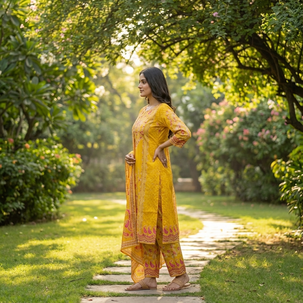 Ethnic Floral Printed Straight Kurta with Pant and Dupatta - Yellow