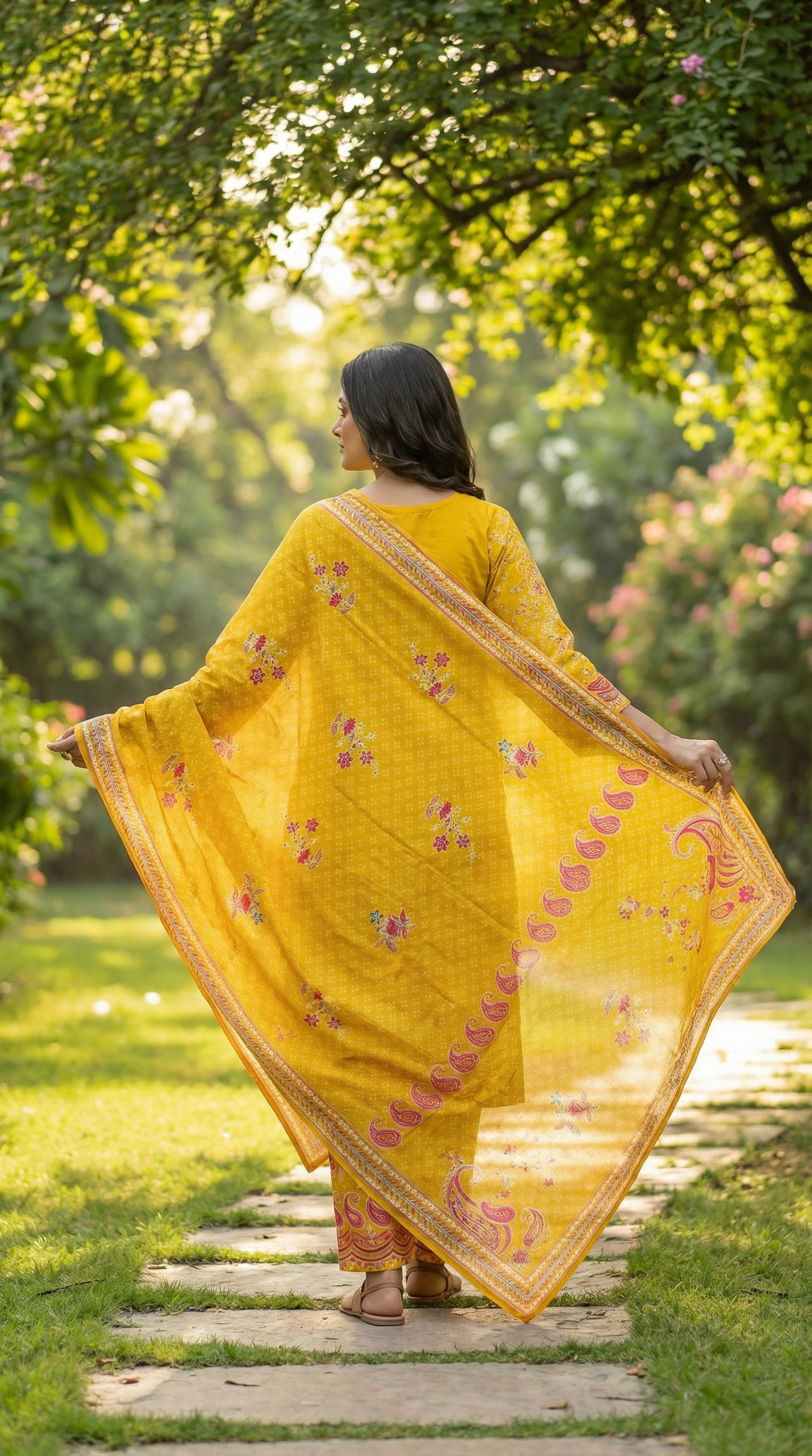 Ethnic Floral Printed Straight Kurta with Pant and Dupatta - Yellow