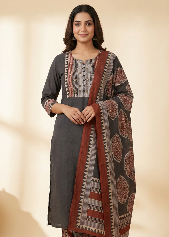 Solid Ethnic Straight Fit Kurta with Printed Pant & Cotton Dupatta - Black
