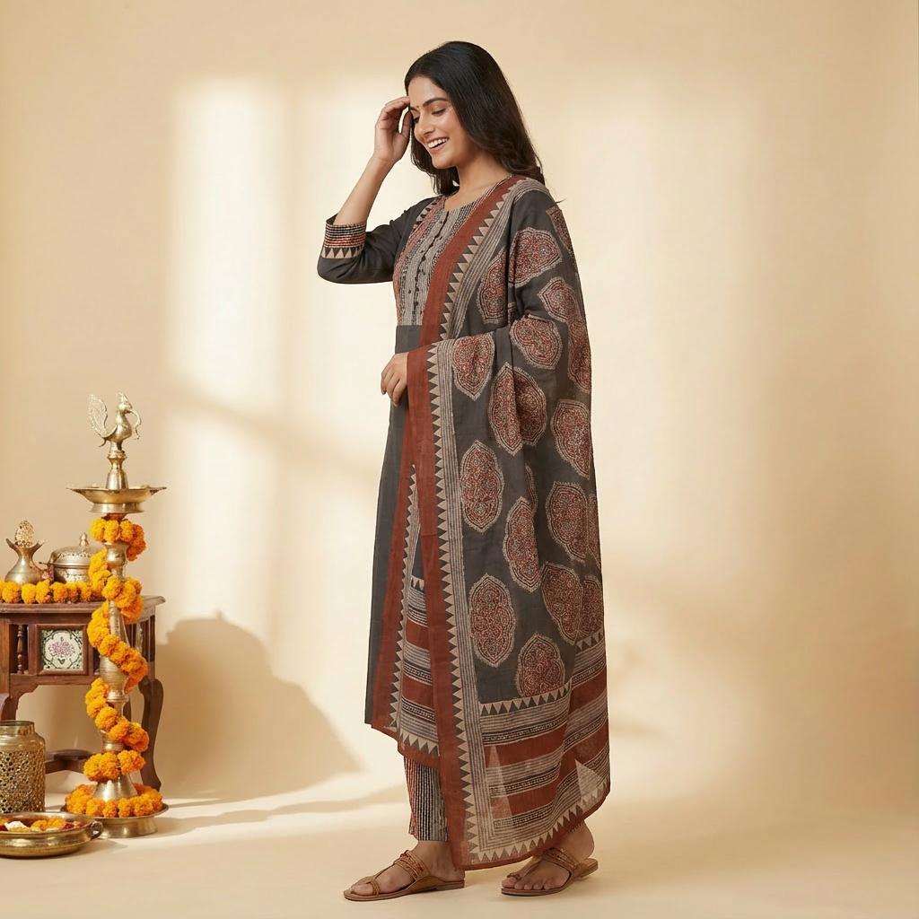 Solid Ethnic Straight Fit Kurta with Printed Pant & Cotton Dupatta - Black