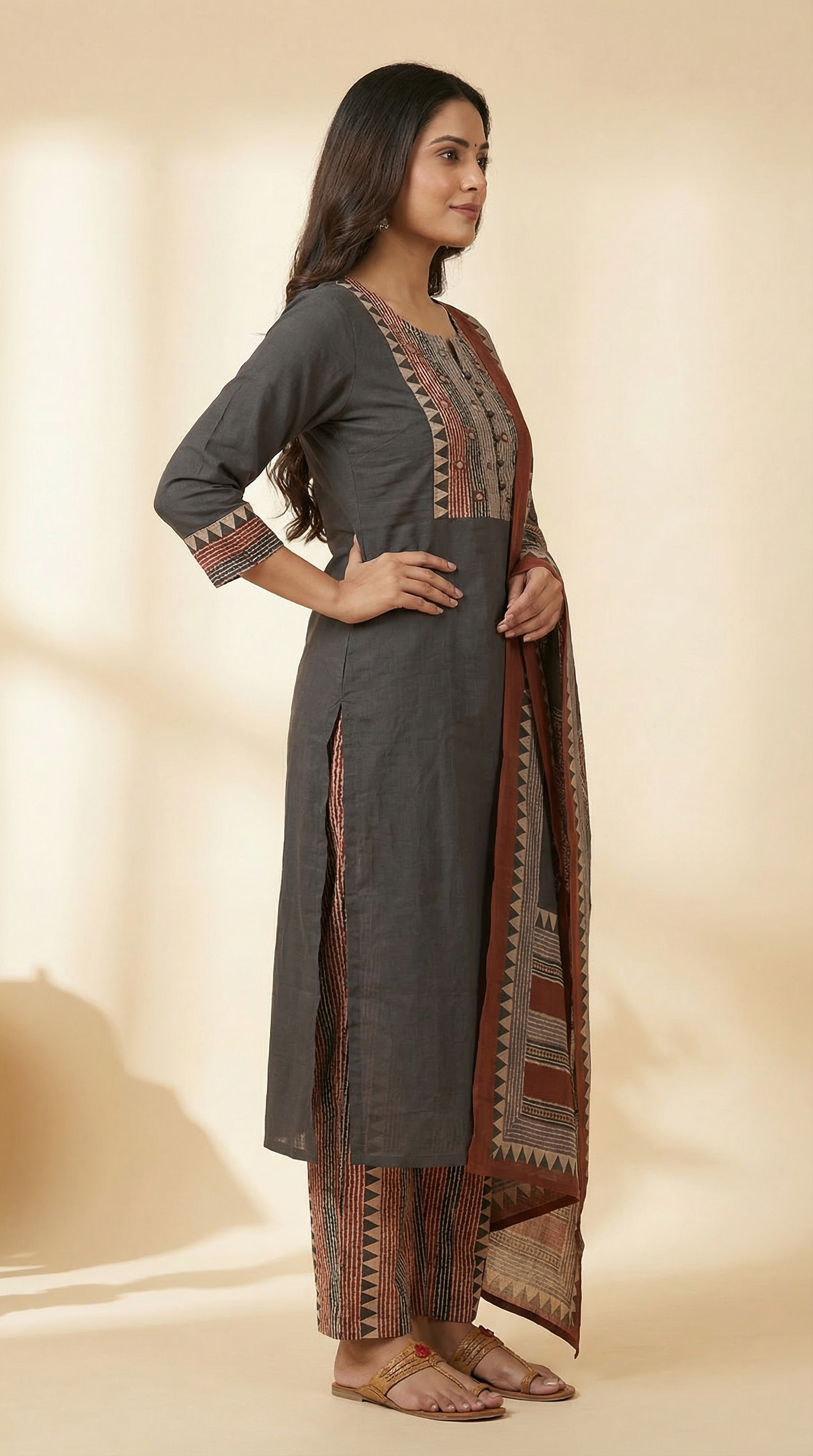 Solid Ethnic Straight Fit Kurta with Printed Pant & Cotton Dupatta - Black