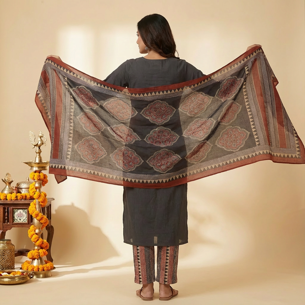 Solid Ethnic Straight Fit Kurta with Printed Pant & Cotton Dupatta - Black