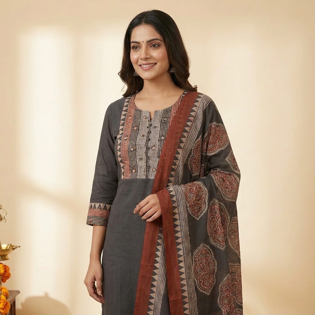 Solid Ethnic Straight Fit Kurta with Printed Pant & Cotton Dupatta - Black