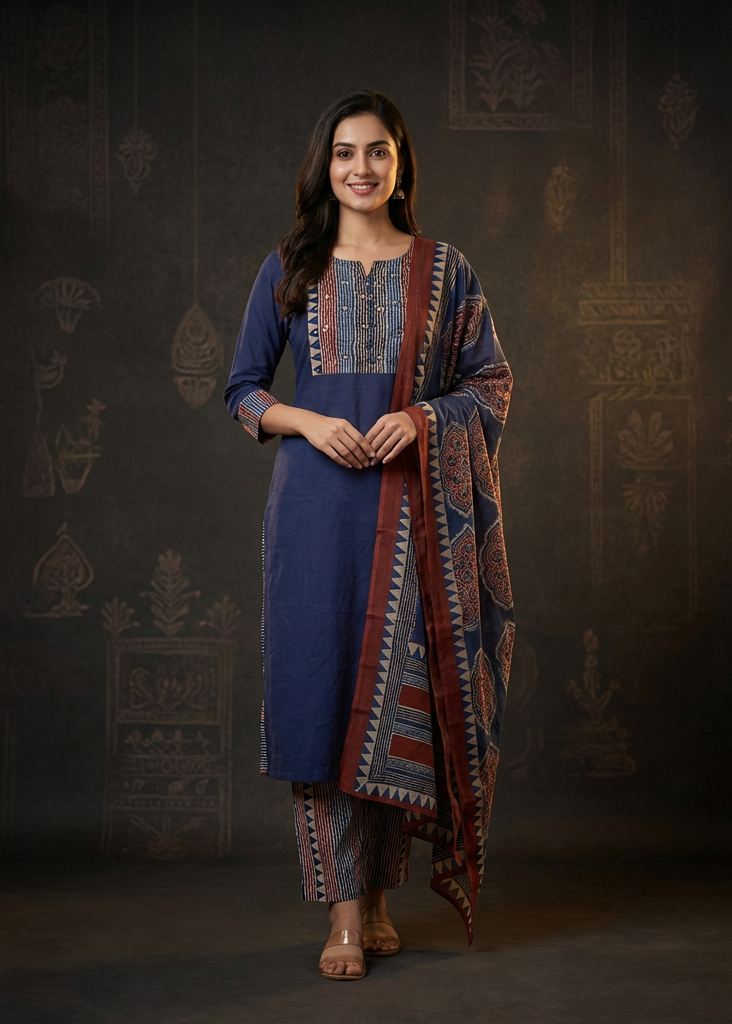 Solid Ethnic Straight Fit Kurta with Printed Pant & Cotton Dupatta - Navy Blue