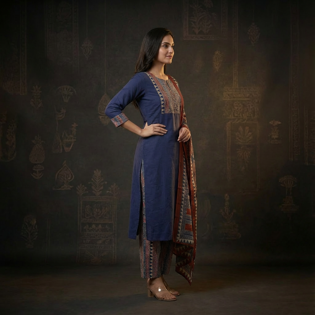 Solid Ethnic Straight Fit Kurta with Printed Pant & Cotton Dupatta - Navy Blue
