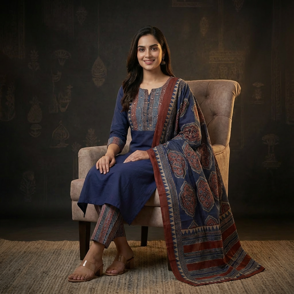 Solid Ethnic Straight Fit Kurta with Printed Pant & Cotton Dupatta - Navy Blue