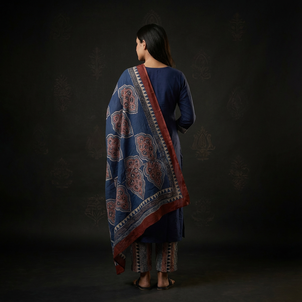 Solid Ethnic Straight Fit Kurta with Printed Pant & Cotton Dupatta - Navy Blue