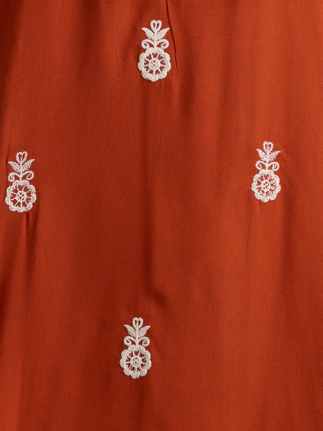 Solid Floral Chikankari Embroidered Straight Fit Kurta - Rust