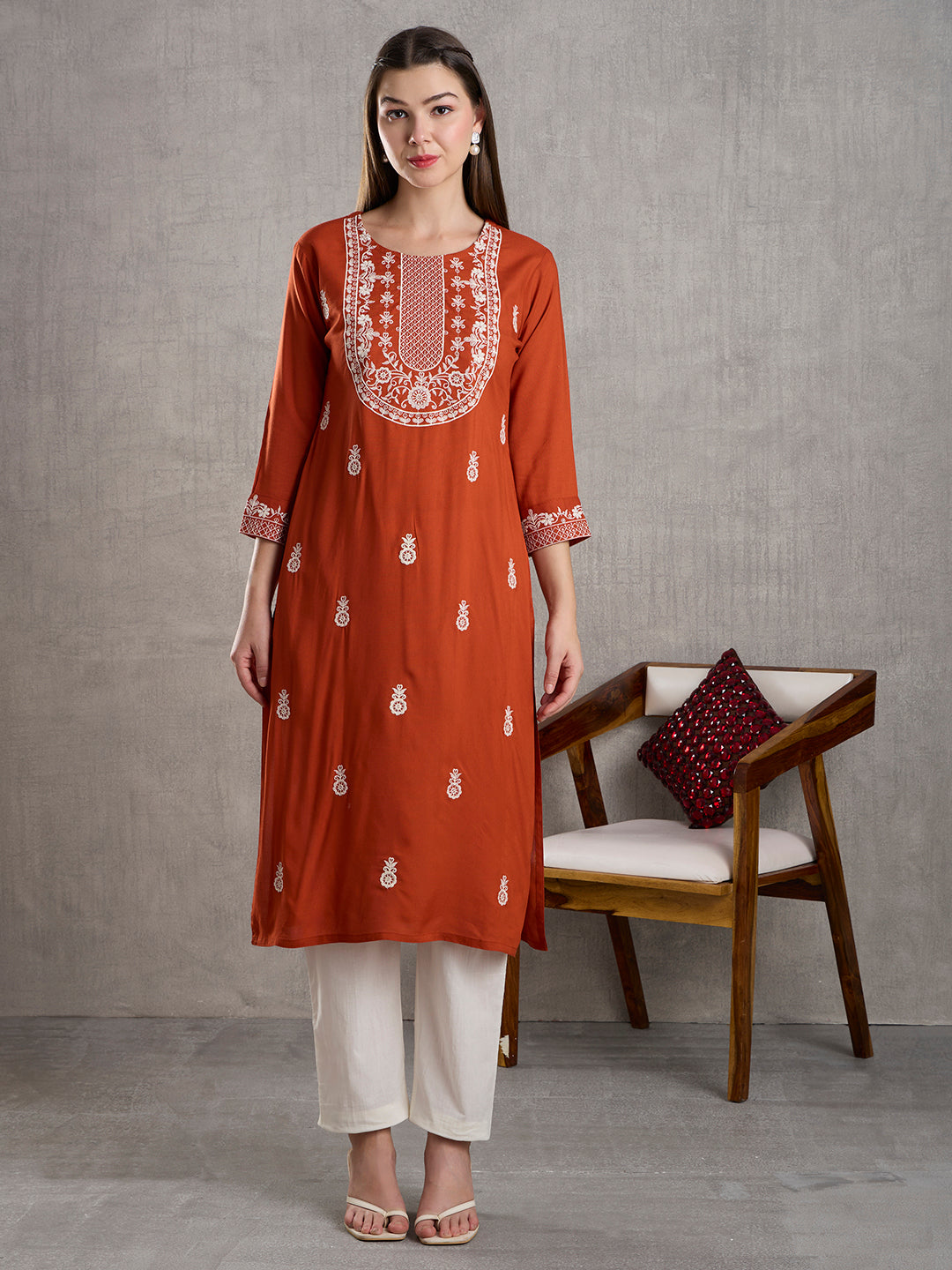 Solid Floral Chikankari Embroidered Straight Fit Kurta - Rust