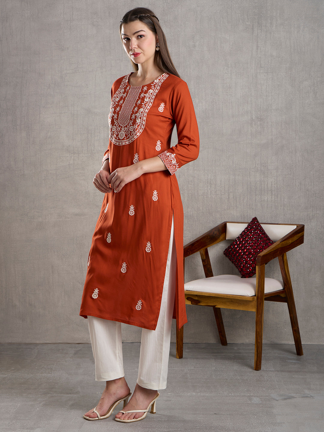 Solid Floral Chikankari Embroidered Straight Fit Kurta - Rust