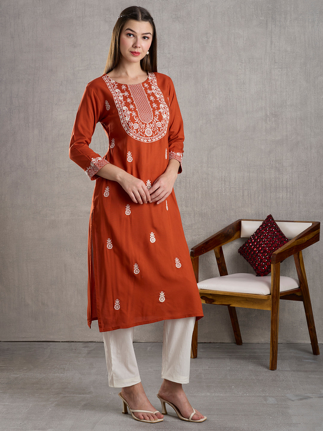 Solid Floral Chikankari Embroidered Straight Fit Kurta - Rust