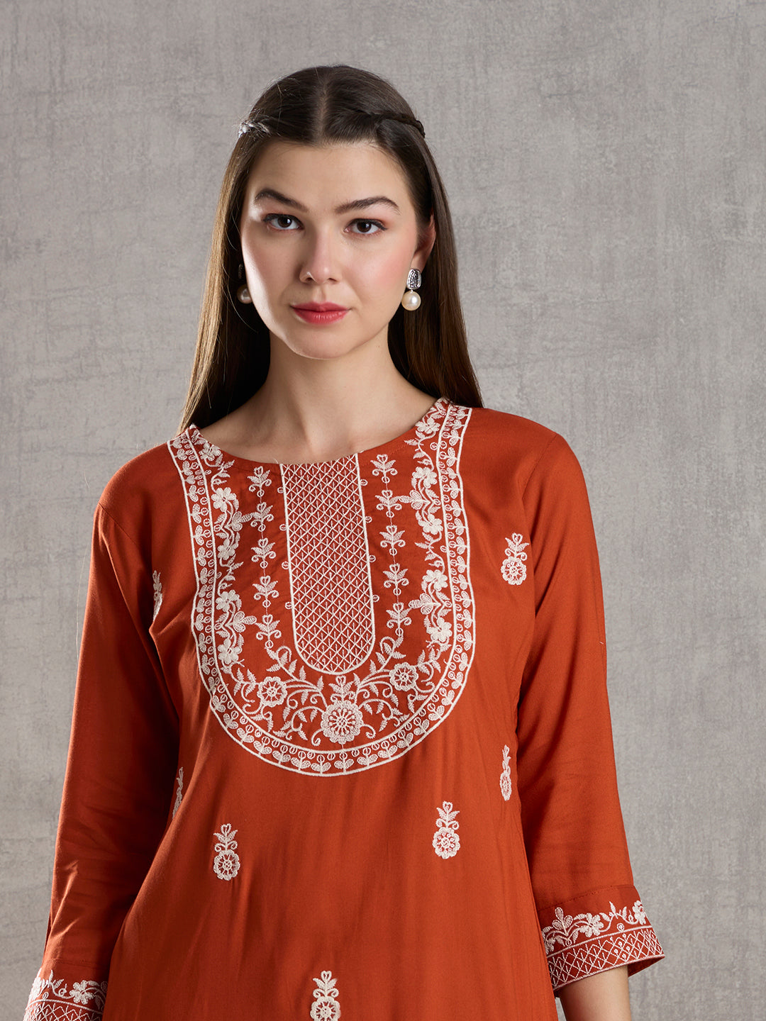 Solid Floral Chikankari Embroidered Straight Fit Kurta - Rust