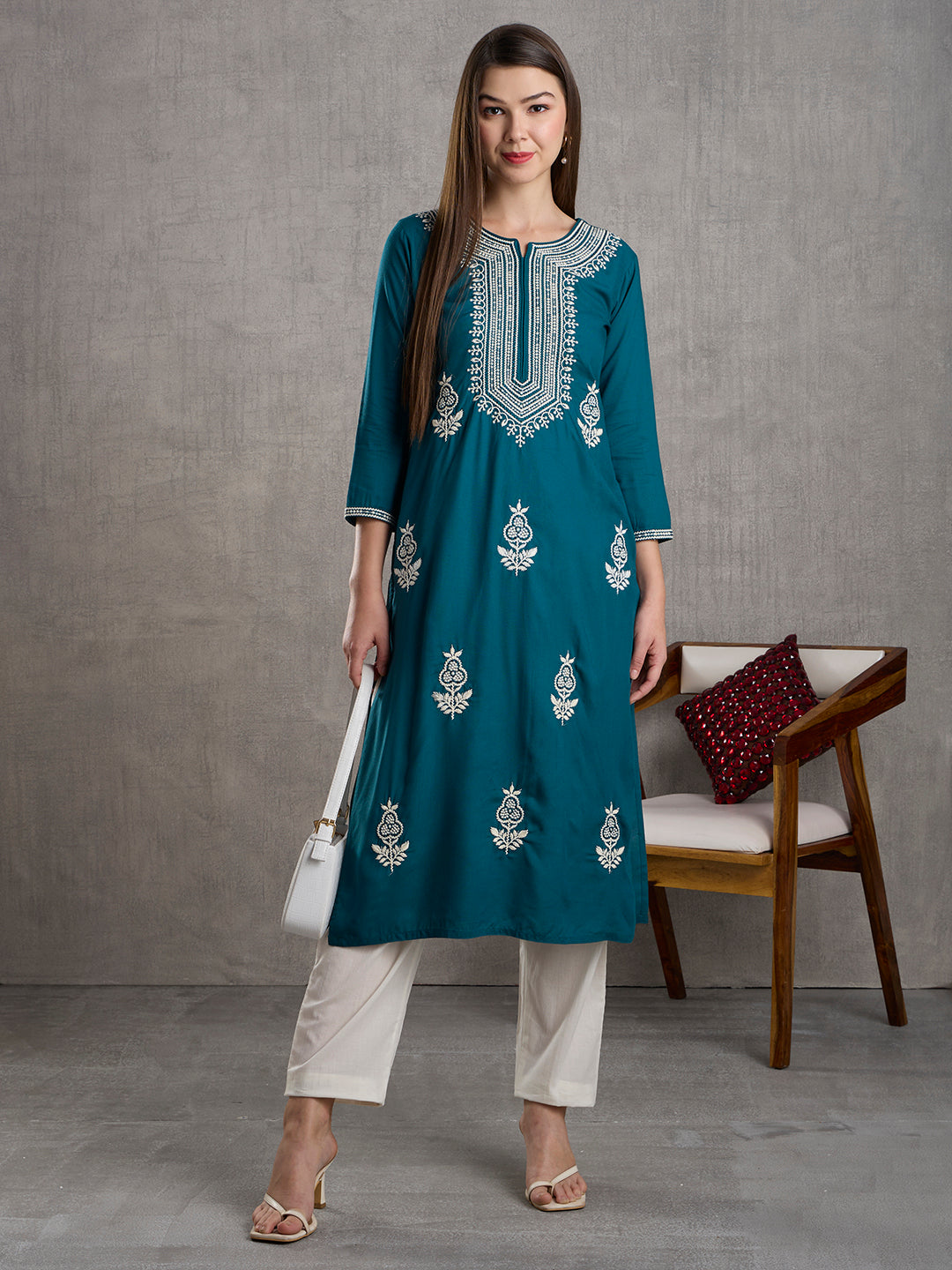 Solid Floral Chikankari Embroidered Straight Kurta - Teal Green