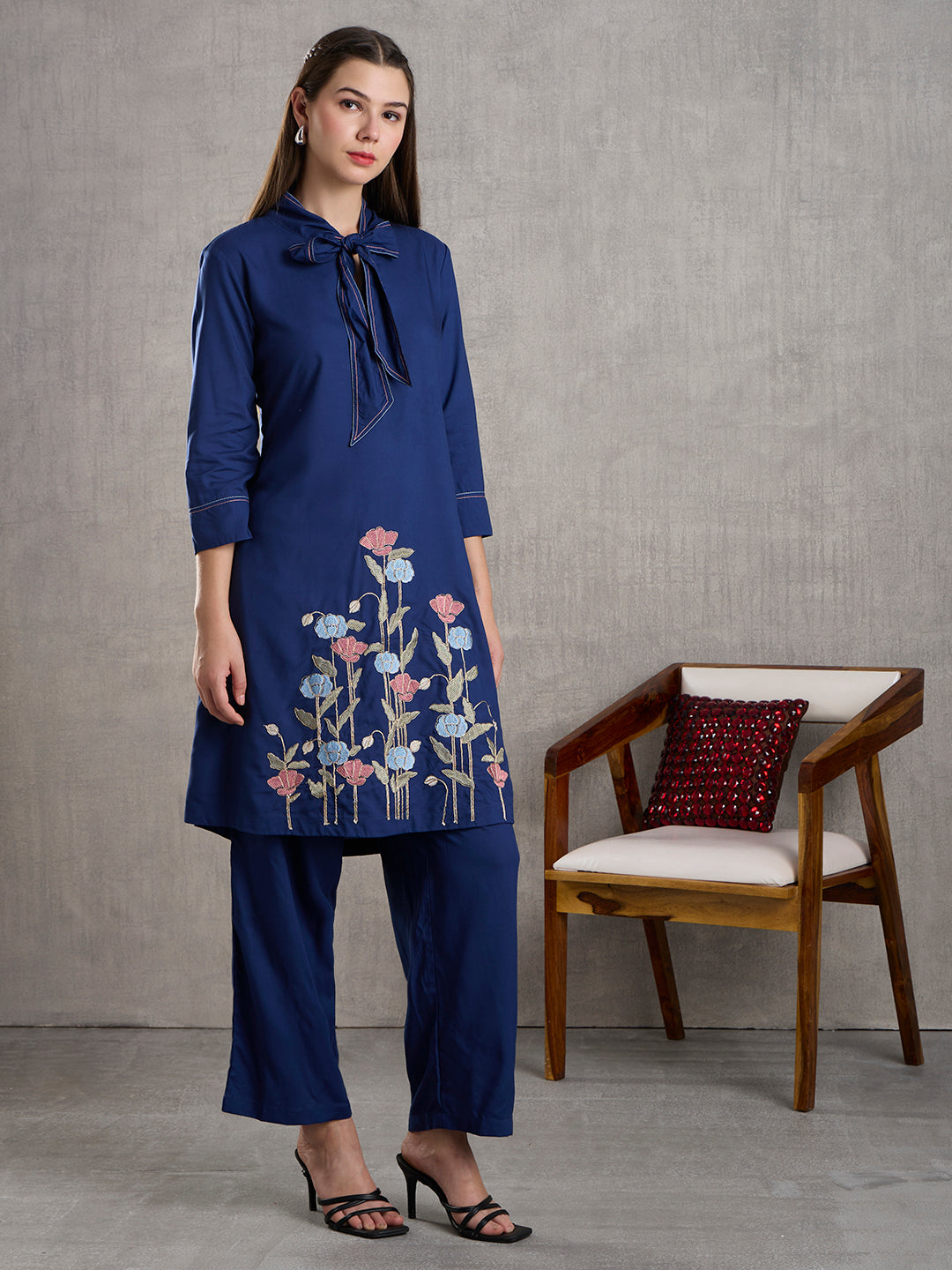 Solid Floral Embroidered Straight Fit Co-ord Set - Blue
