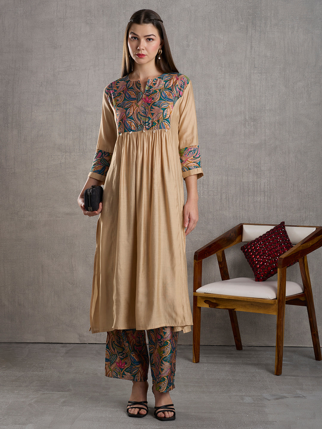 Floral Printed Yoke & A-Line Kurta with Palazzo - Cream