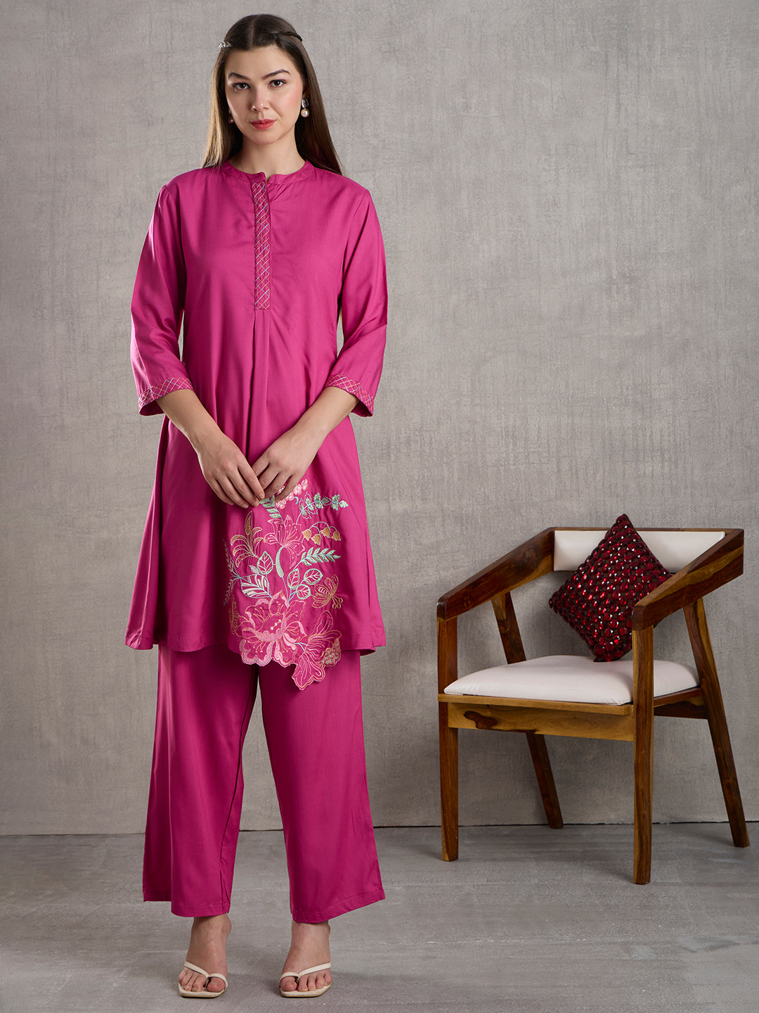 Solid Floral Embroidered A-Line Fit Co-ord Set - Pink