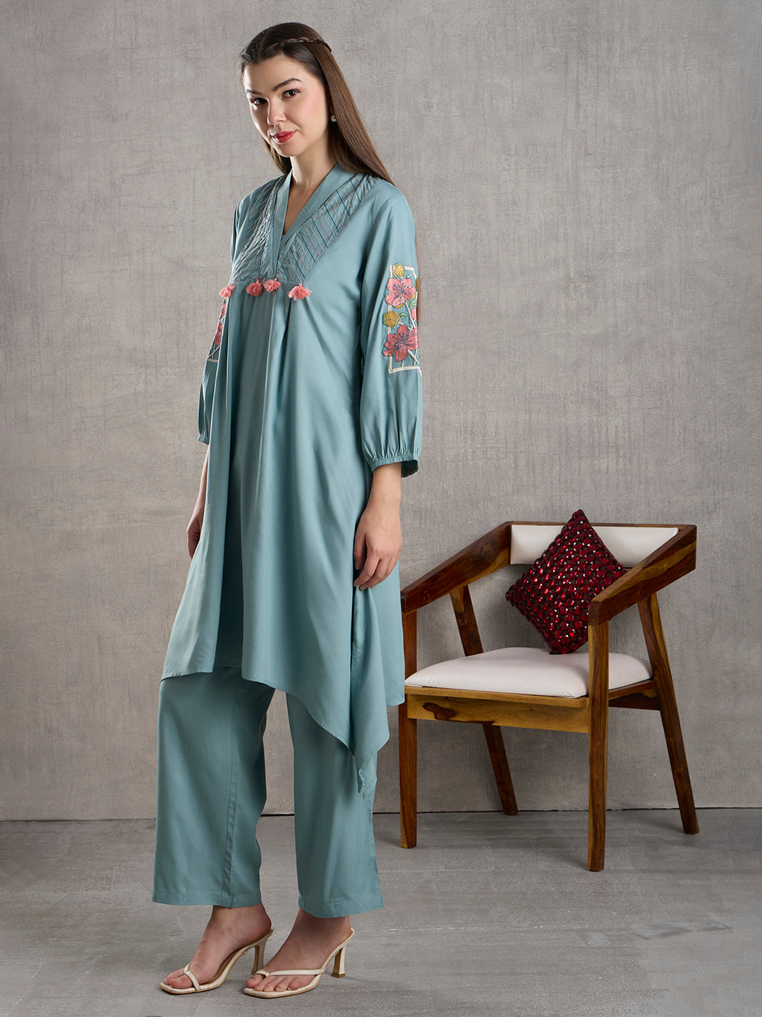 Solid Floral Embroidered A-Line High low Fit Co-ord Set - Powder Blue