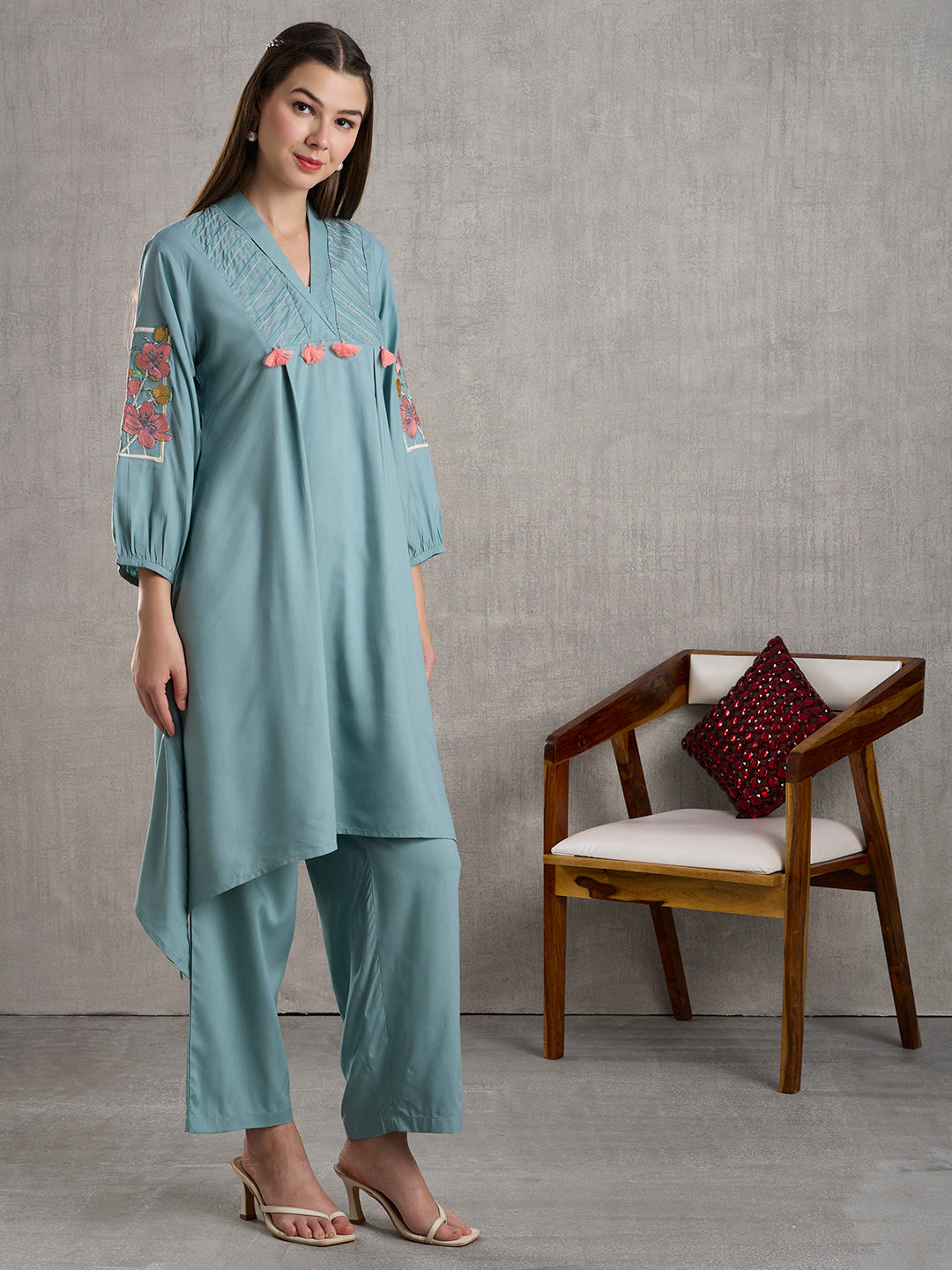 Solid Floral Embroidered A-Line High low Fit Co-ord Set - Powder Blue