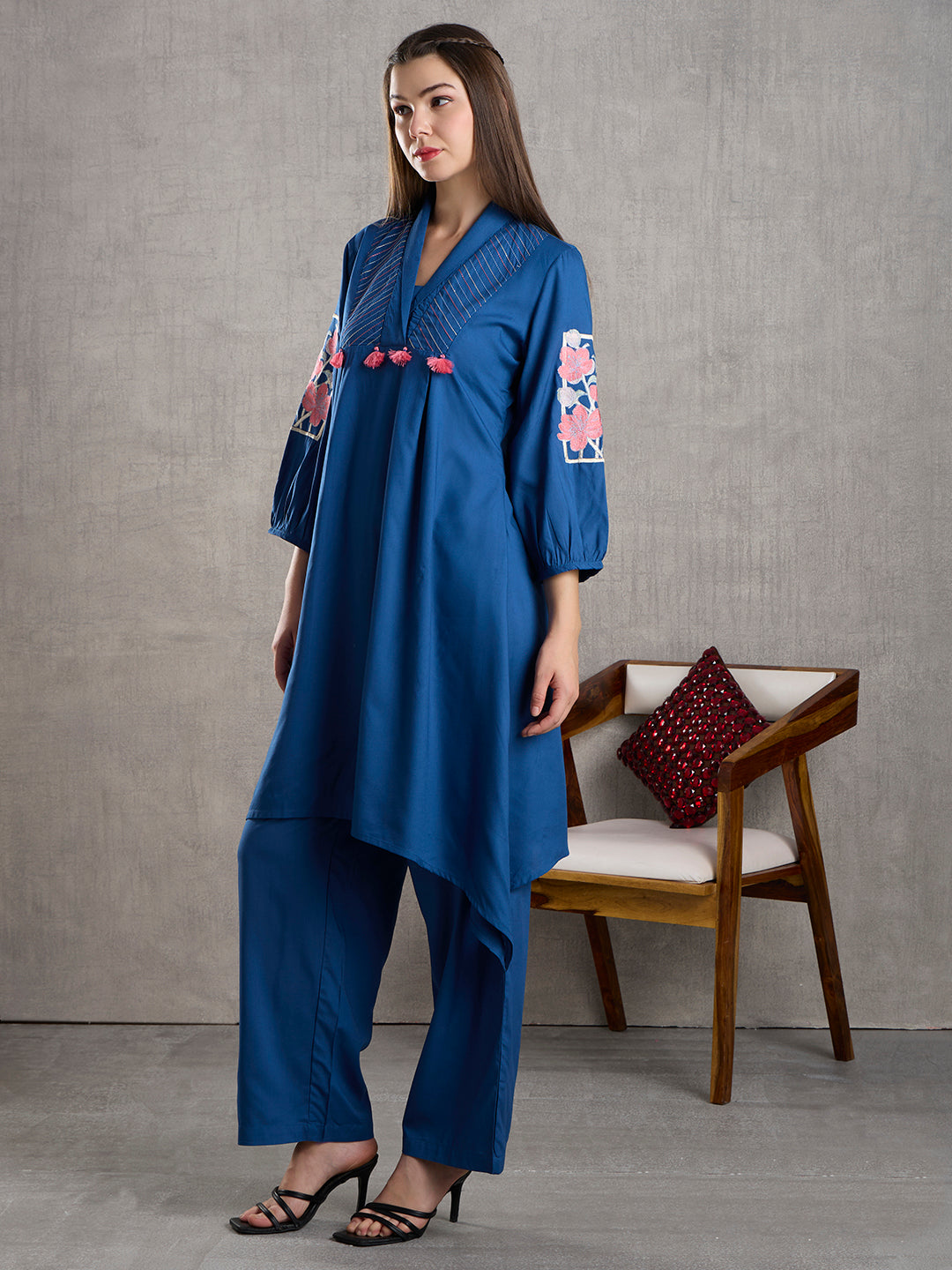 Solid Floral Embroidered A-Line High low Fit Co-ord Set - Blue