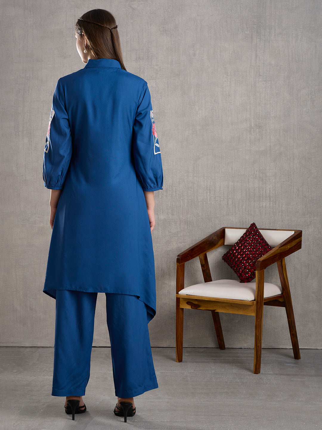 Solid Floral Embroidered A-Line High low Fit Co-ord Set - Blue