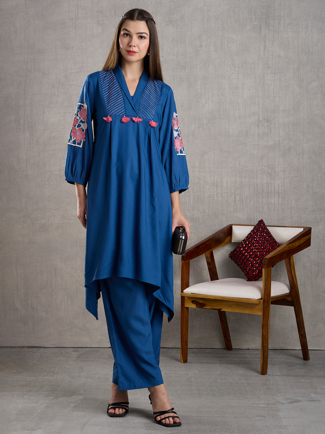 Solid Floral Embroidered A-Line High low Fit Co-ord Set - Blue