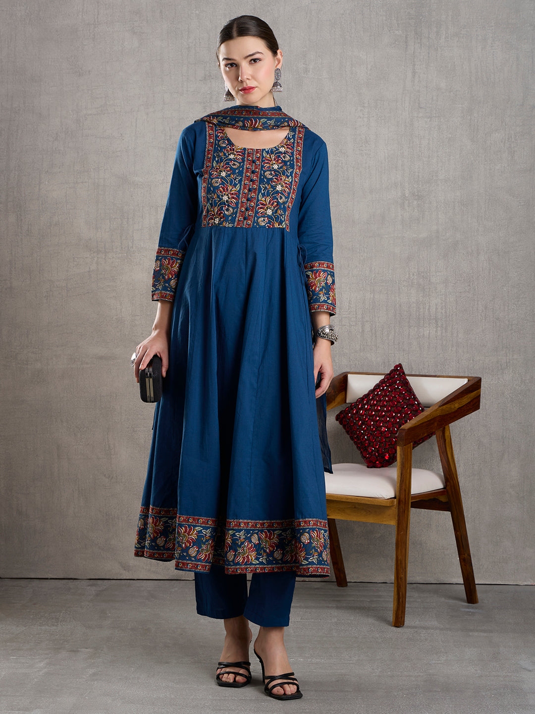 Solid Floral Printed Embroidered Anarkali with Palazzo and Dupatta - Blue