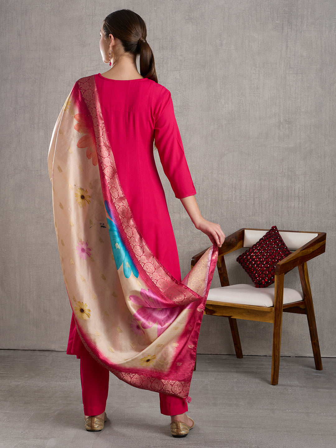 Solid Floral Embroidered Anarkali Flared Kurta with Pant & Dupatta - Rani