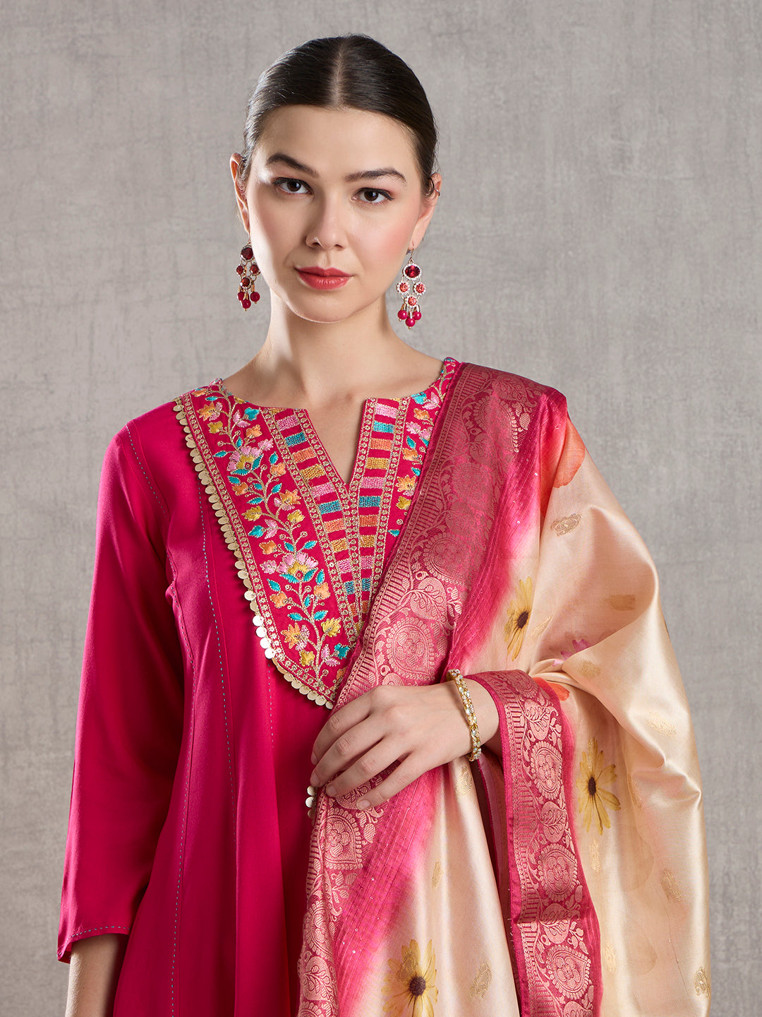 Solid Floral Embroidered Anarkali Flared Kurta with Pant & Dupatta - Rani