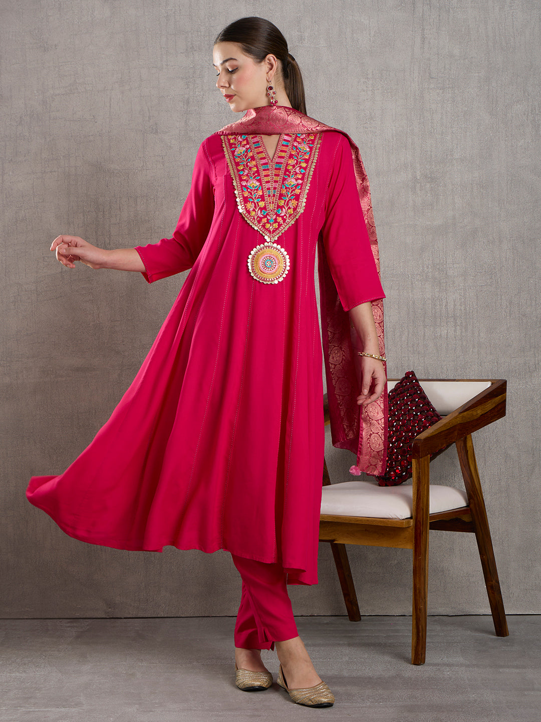 Solid Floral Embroidered Anarkali Flared Kurta with Pant & Dupatta - Rani