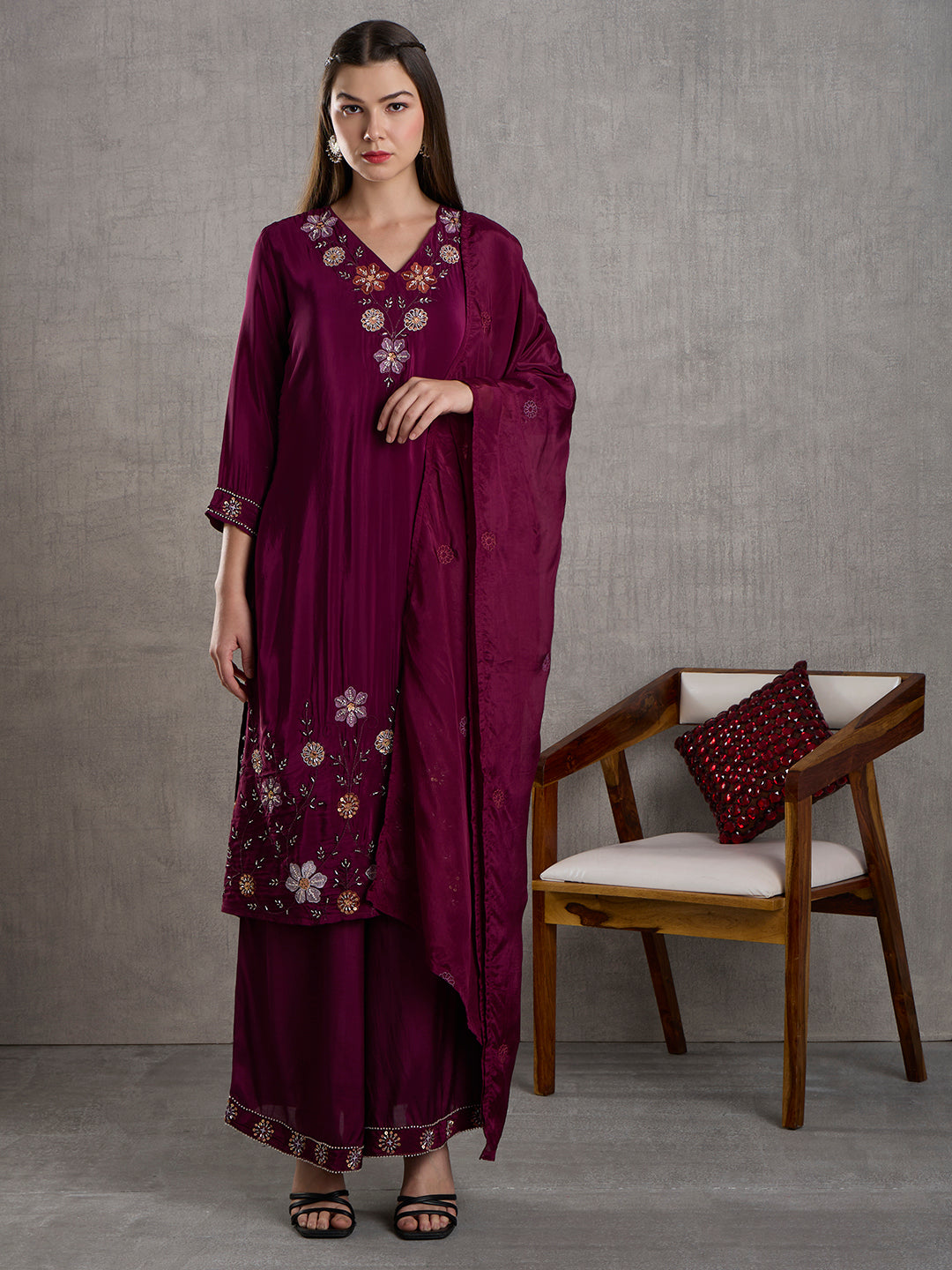 Solid Hand Embroidered Straight Kurta with Palazzo and Dupatta - Burgundy