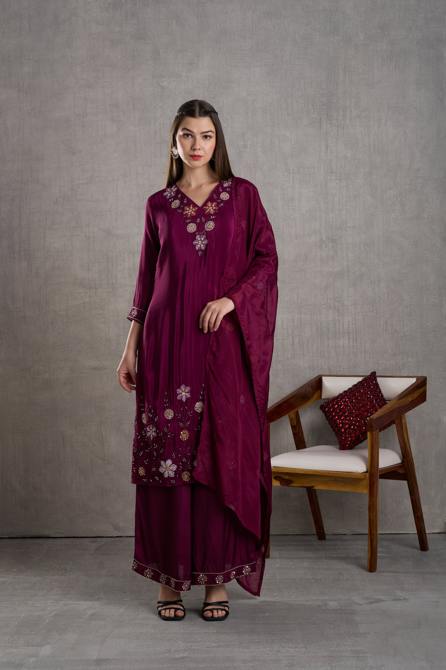 Solid Hand Embroidered Straight Kurta with Palazzo and Dupatta - Burgundy