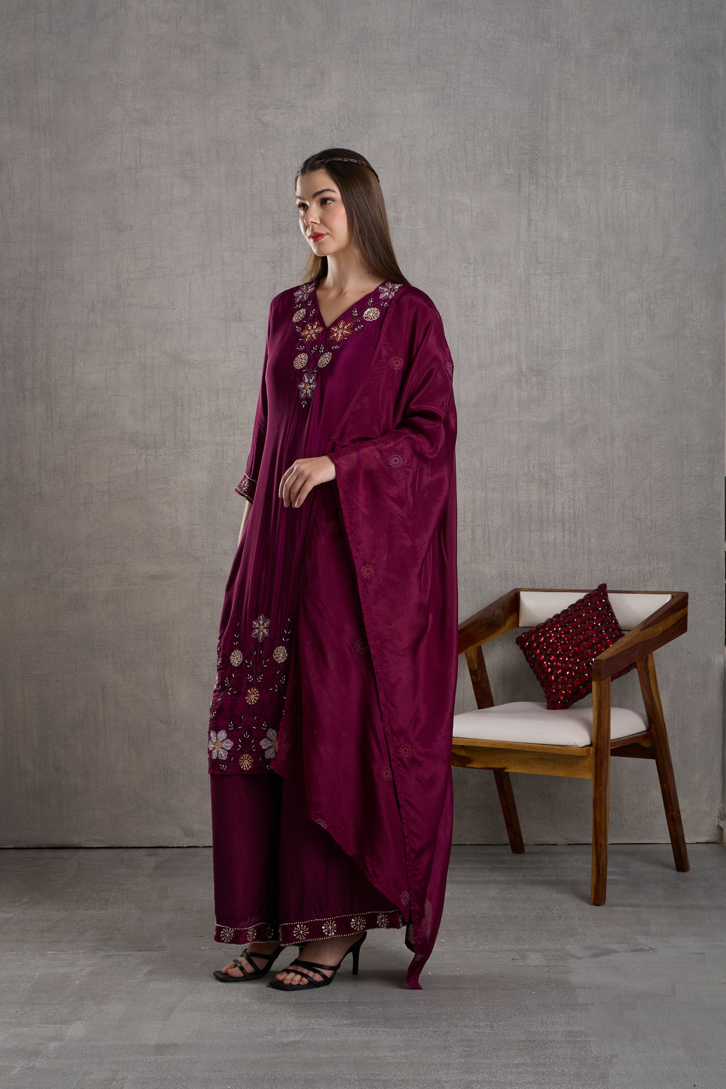 Solid Hand Embroidered Straight Kurta with Palazzo and Dupatta - Burgundy