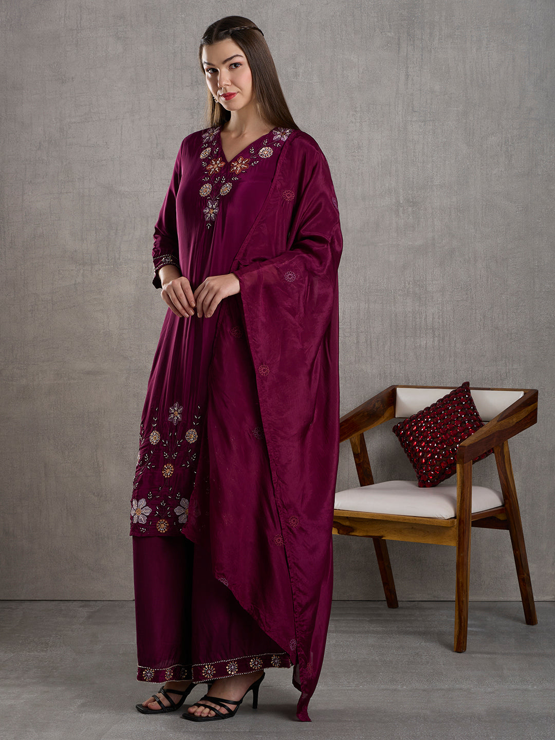 Solid Hand Embroidered Straight Kurta with Palazzo and Dupatta - Burgundy