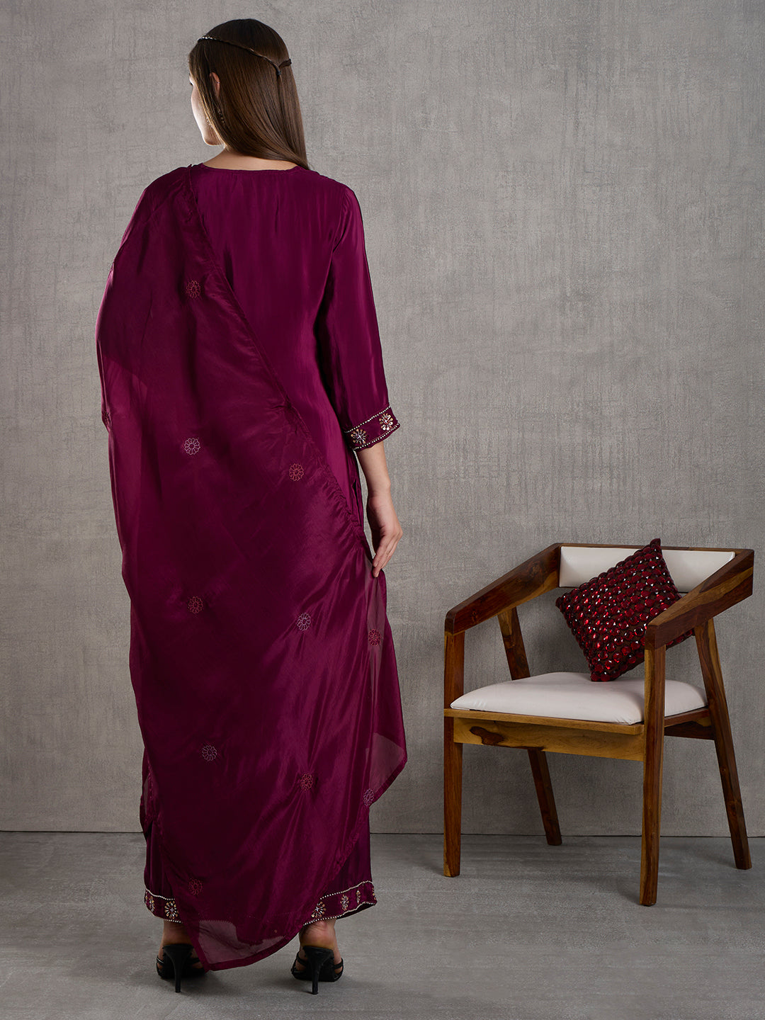 Solid Hand Embroidered Straight Kurta with Palazzo and Dupatta - Burgundy