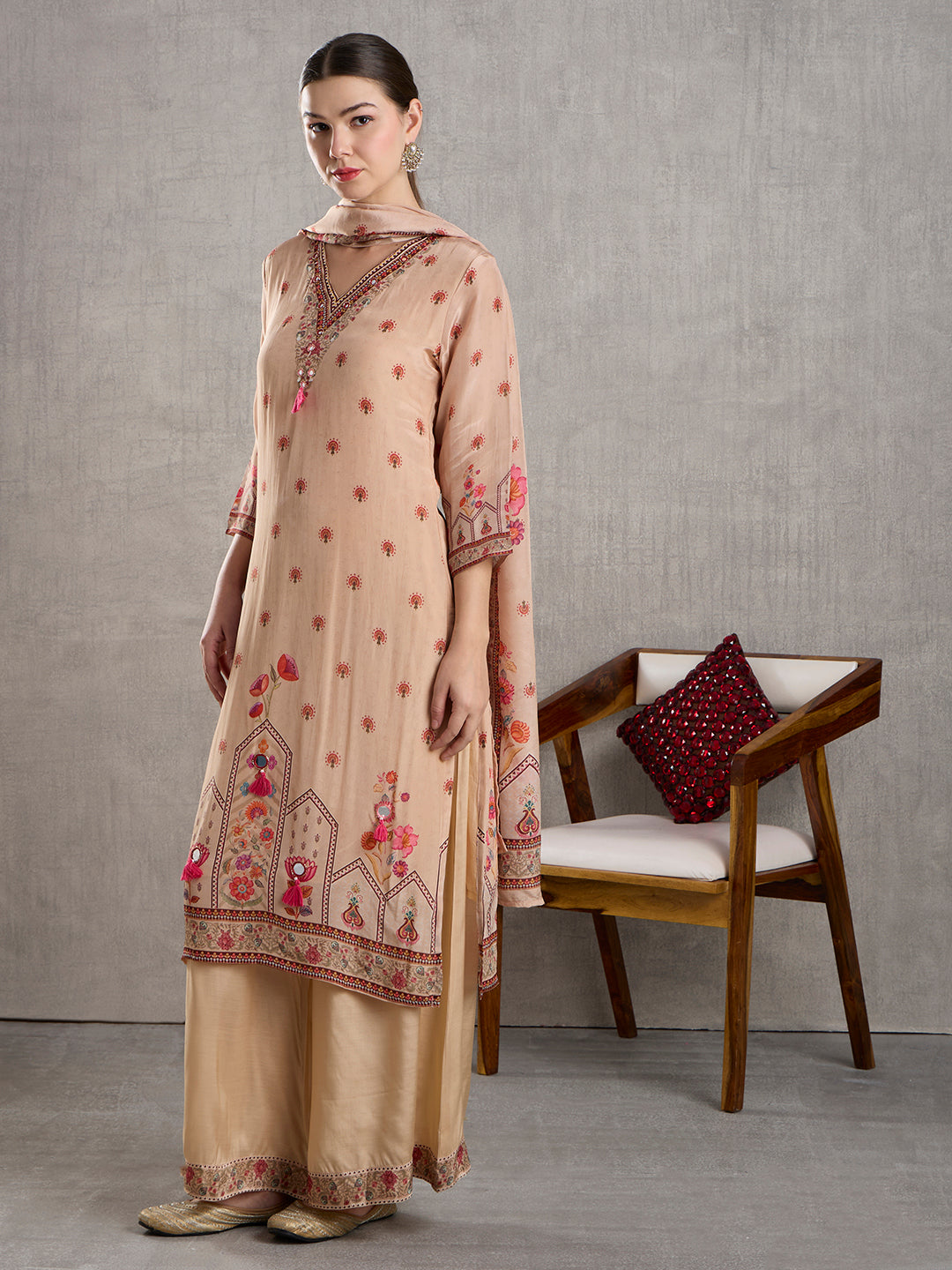 Ethnic Floral Printed Straight Kurta with Palazzo and Dupatta - Cream